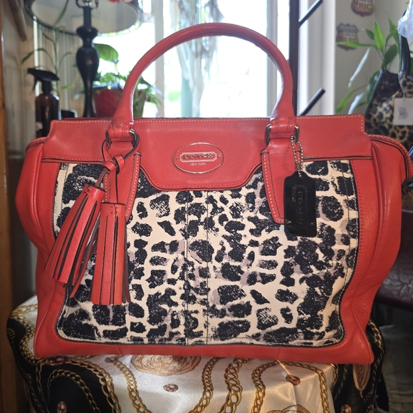 Coach Handbags - ❣️ Coach Legacy Haley Red and Animal Print Satchel With Tassel